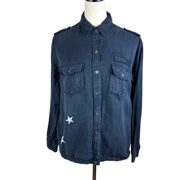 Rails Kato Black Tencel Star Print Long Sleeve Button Up Military Shirt Jacket - Picture 3 of 16
